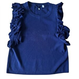 Knitted & Knotted Anthropologie Medium Navy Ribbed Ruffle Top Knit Sweater
